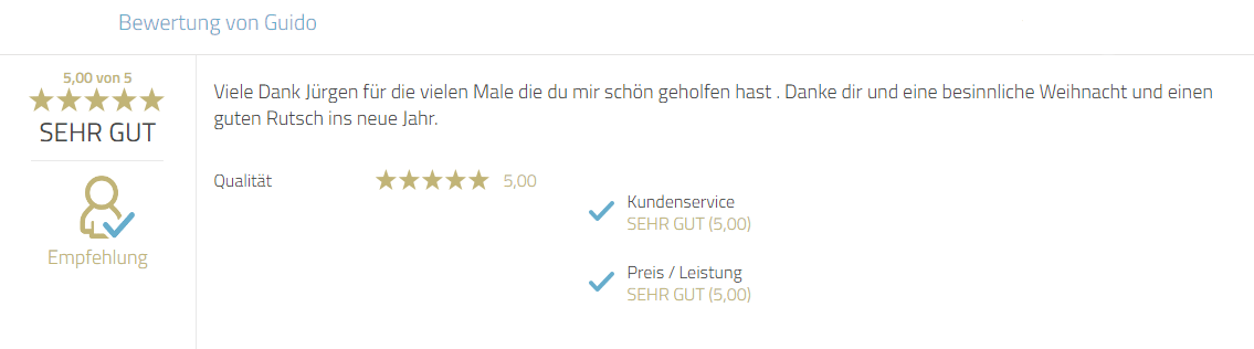 Kundenempfehlung zum Service und persönlicher Dank an Mayr Jürgen.