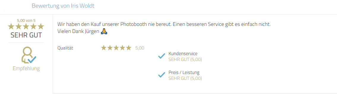 Kundenrezension zum Service und persönlicher Gruß an Jürgen Mayr von Photobooth-Deluxe.
