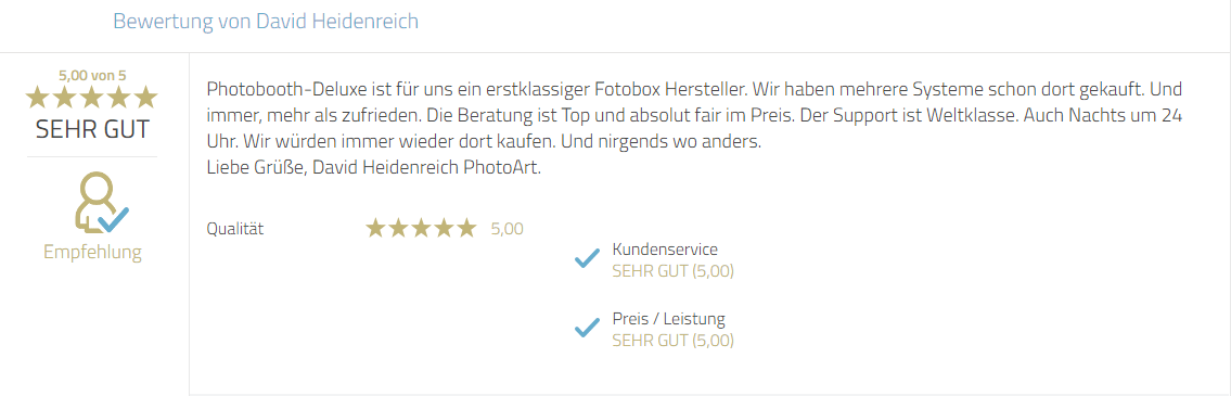 Kundenrezension bezüglich Service, Produkte und Beratung. Eine klare Weiterempfehlung.