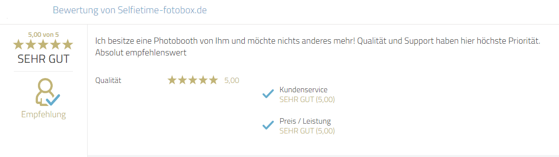 Kundenempfehlung für Photobooth-Deluxe insbesondere zum Service und Qualität.