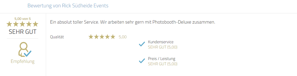 Kundenrezension für Photobooth-Deluxe zum Service und zur Zusammenarbeit.