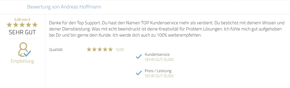 Kundenrezension für Service, Fachkompetenz und Problemlösung. Deutliche Weiterempfehlung.