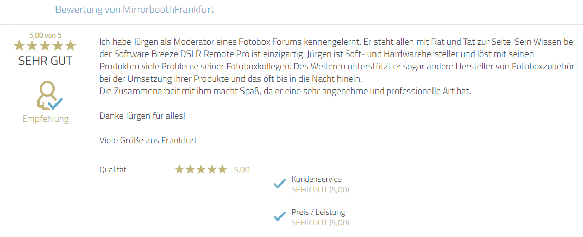 Kundenbewertung zu Service, Fachkompetenz sowie Hilfsbereitschaft. Besonders hervorgehoben wird das professionelle Auftreten und angenehme Wesen von Mayr Jürgen.