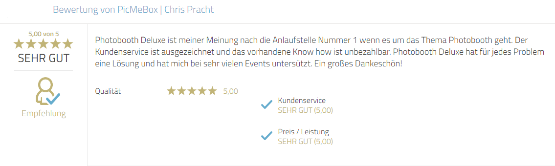 Kundenbewertung zu Service, Fachwissen und Problemlösungskompetenz für Photobooth-Deluxe.