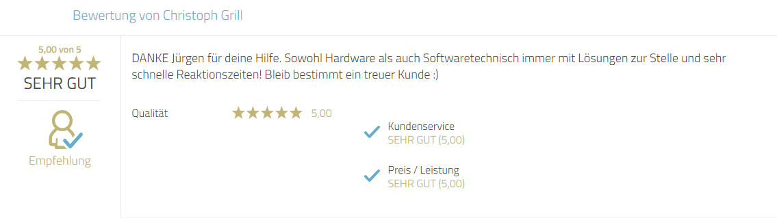 Kundenbewertung für Problemlösungen Hilfestellung sowie ein persönlicher Dank an Jürgen Mayr.