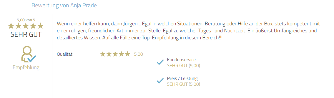 Kundenbewertung zum Service, Hilfsbereitschaft und Beratungsleistung von Mayr Jürgen. Sehr kompetent und freundlich zu jeder Tageszeit. Top Empfehlung.